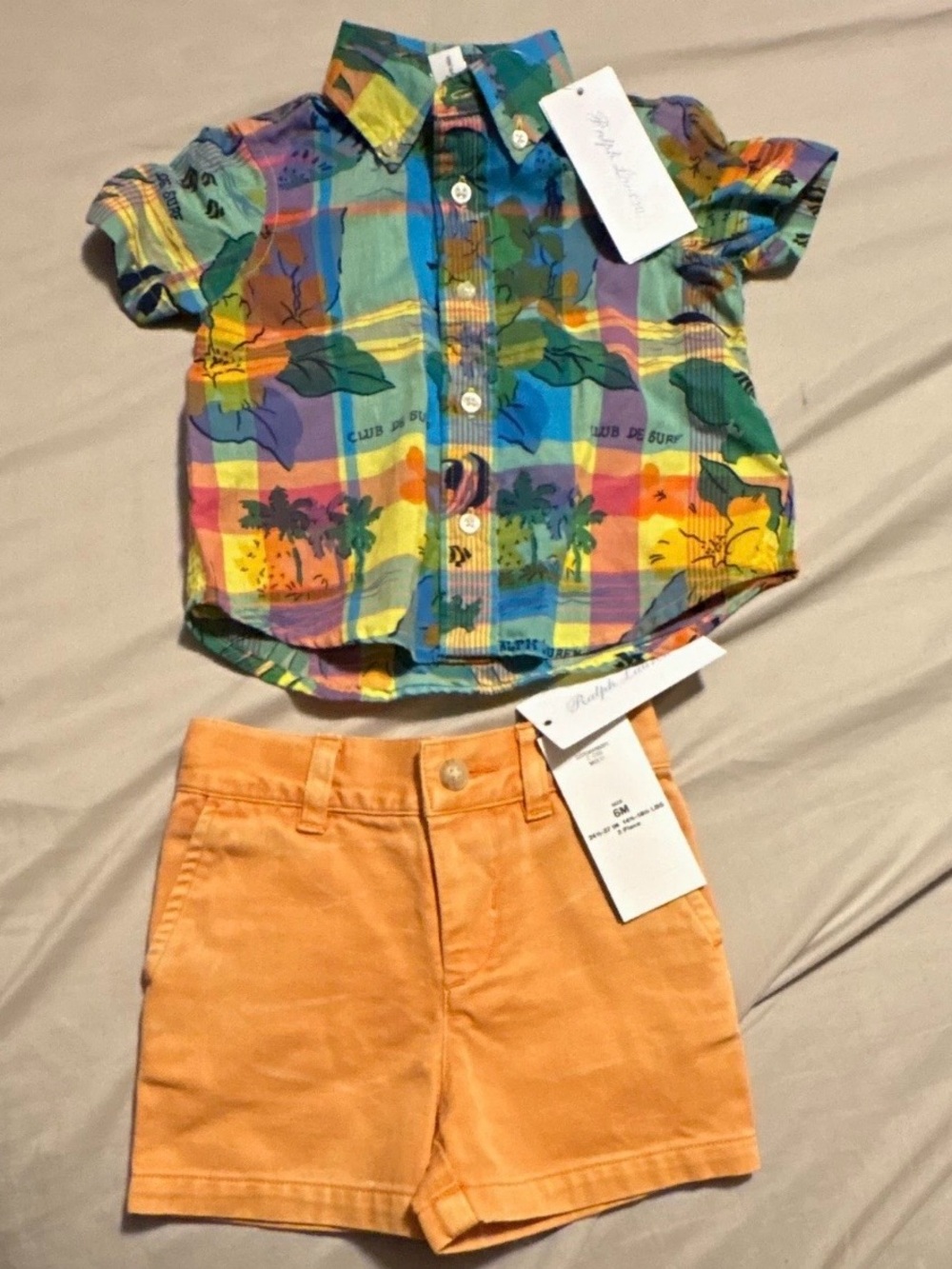 Ralph Lauren Multi-Color Plaid Tropical Button-Down with Orange Shorts